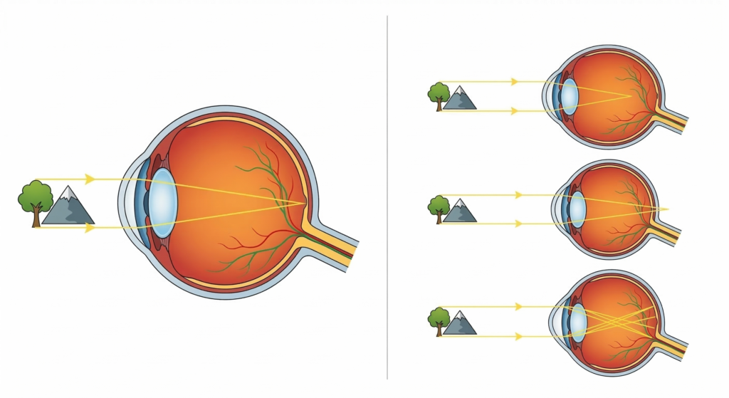 comparatif d’un œil emmétrope vs un œil amétrope