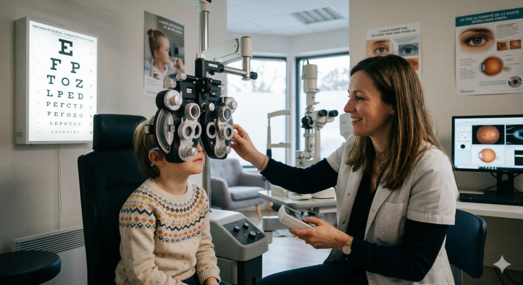enfant chez l’ophtalmologiste lors d’un test d’acuité visuelle enfant chez l’ophtalmologiste lors d’un test d’acuité visuelle