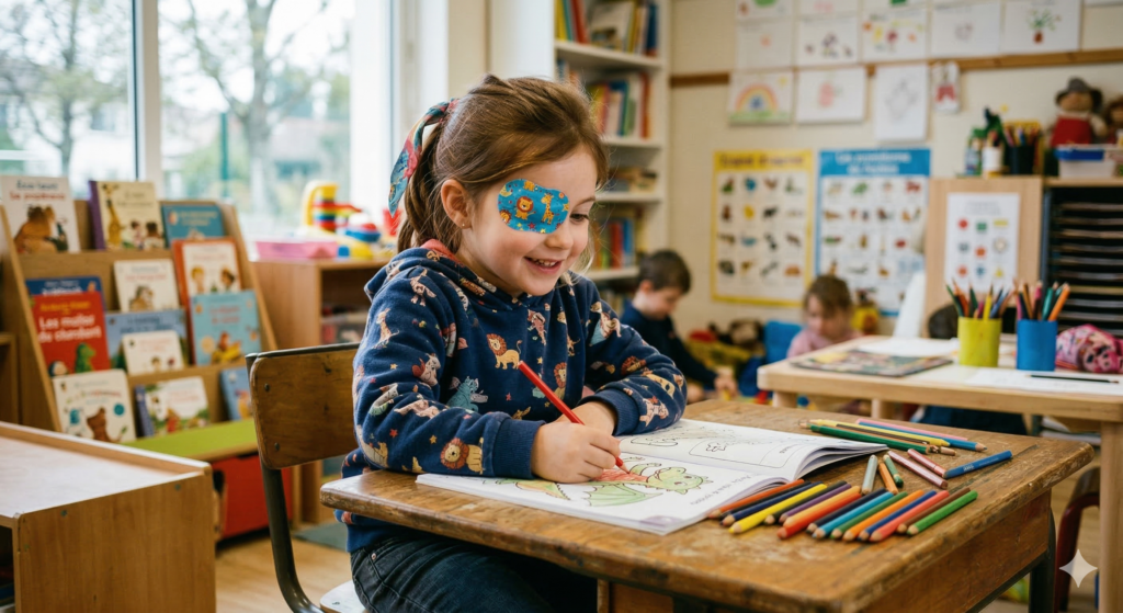enfant portant un cache oculaire (pansement occlusif) pour traitement de l’amblyopie enfant portant un cache oculaire (pansement occlusif) pour traitement de l’amblyopie
