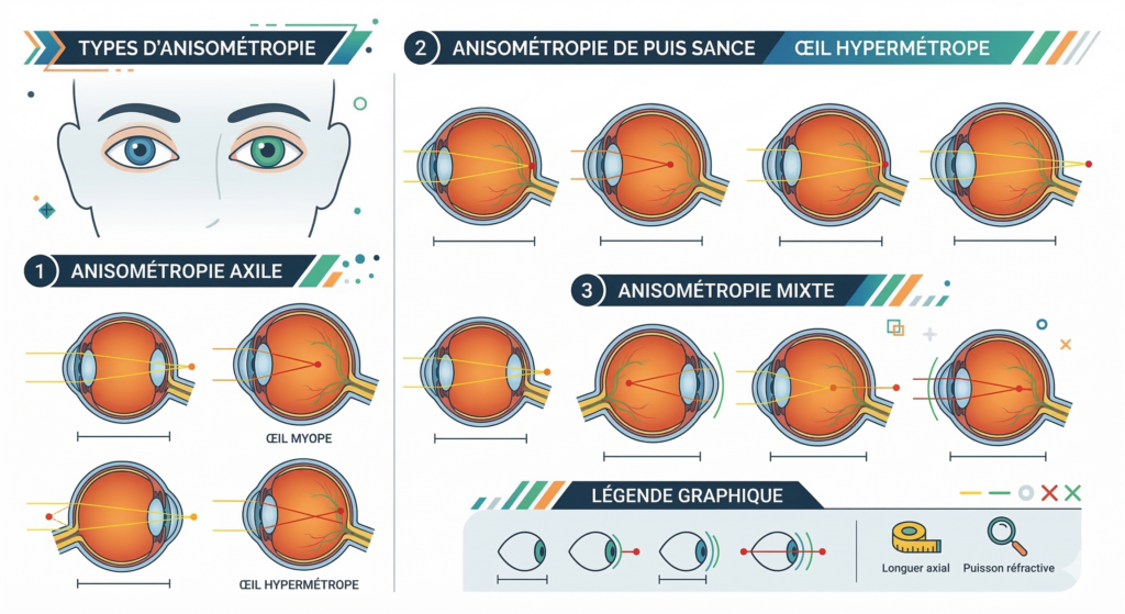 schéma des différents types d’anisométropie (axile, de puissance, mixte)